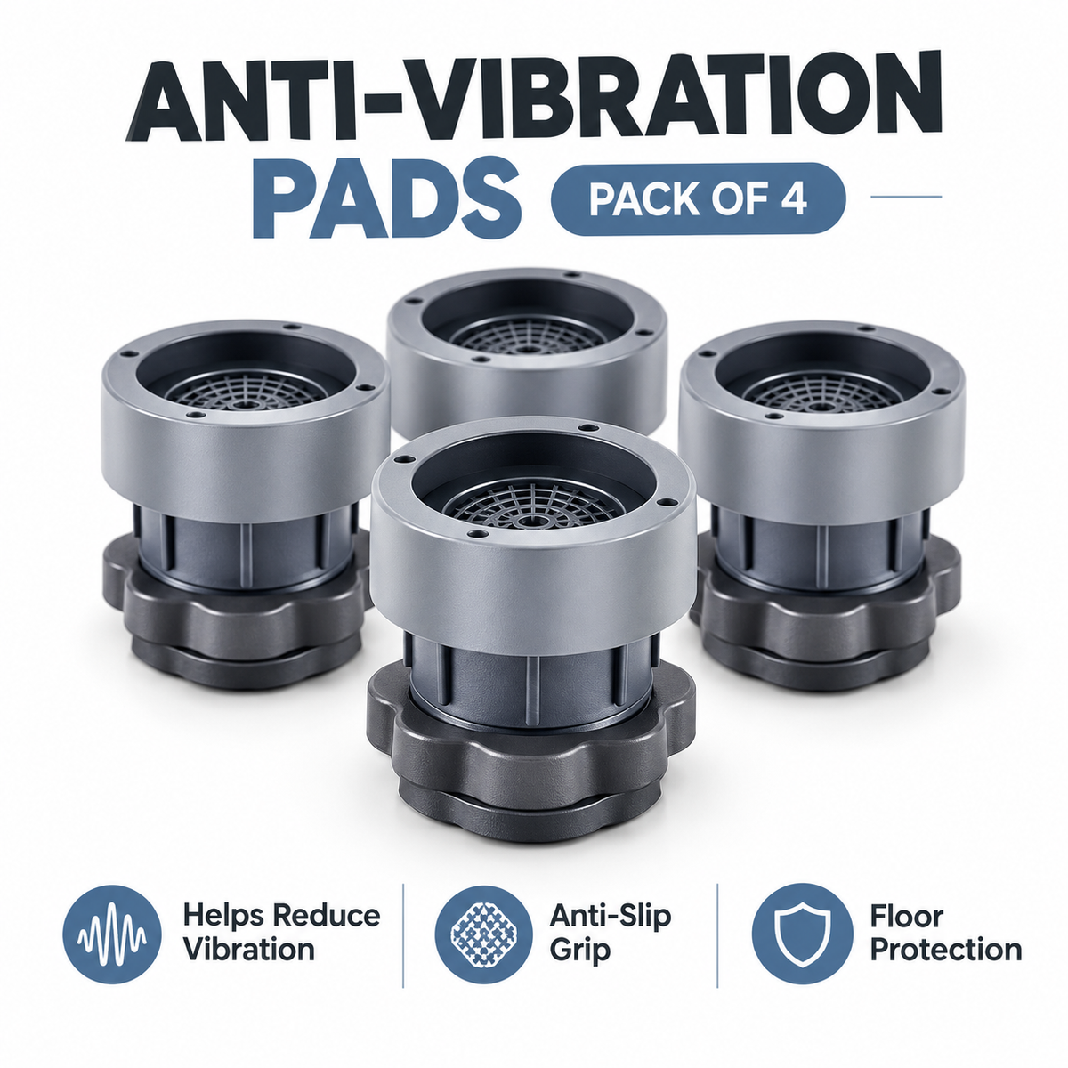 Pack of 4 Anti Vibration Washing Machine Rubber Shock Absorber Pads | Noise & Vibration Reduction Feet Stand | Non-Slip Washer & Dryer Base Pads (Grey)